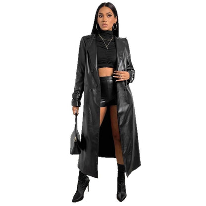 Damen Eleganter und modischer Trenchcoat aus Kunstleder Merchesia