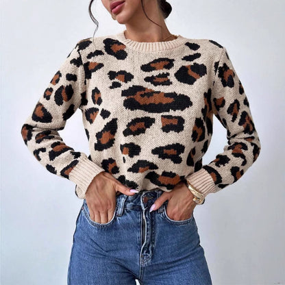 Damen kuscheliger Strickpullover mit Leopardenmuster und überschnittenen Schultern Merchesia