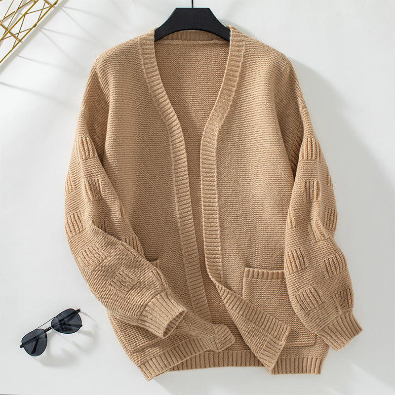 Damen weit geschnittene Strickjacke mit Taschen und strukturiertem Ärmel Merchesia