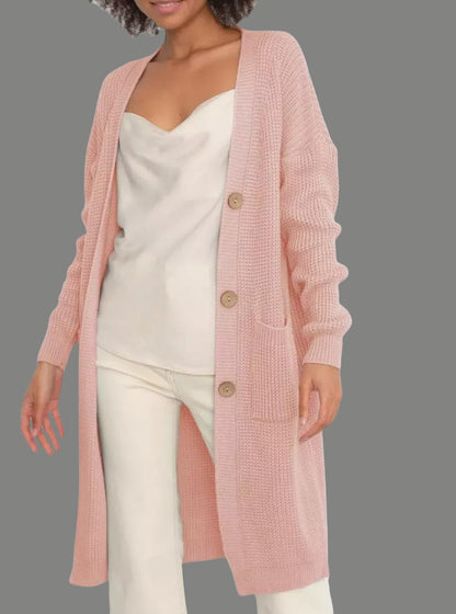 Damen Lange Strickjacke mit Knopfdetails und praktischen Taschen Merchesia