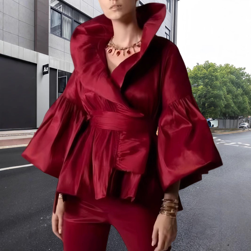 Damen Elegante Wickeljacke mit voluminösen Ärmeln und modernem Kragen Merchesia