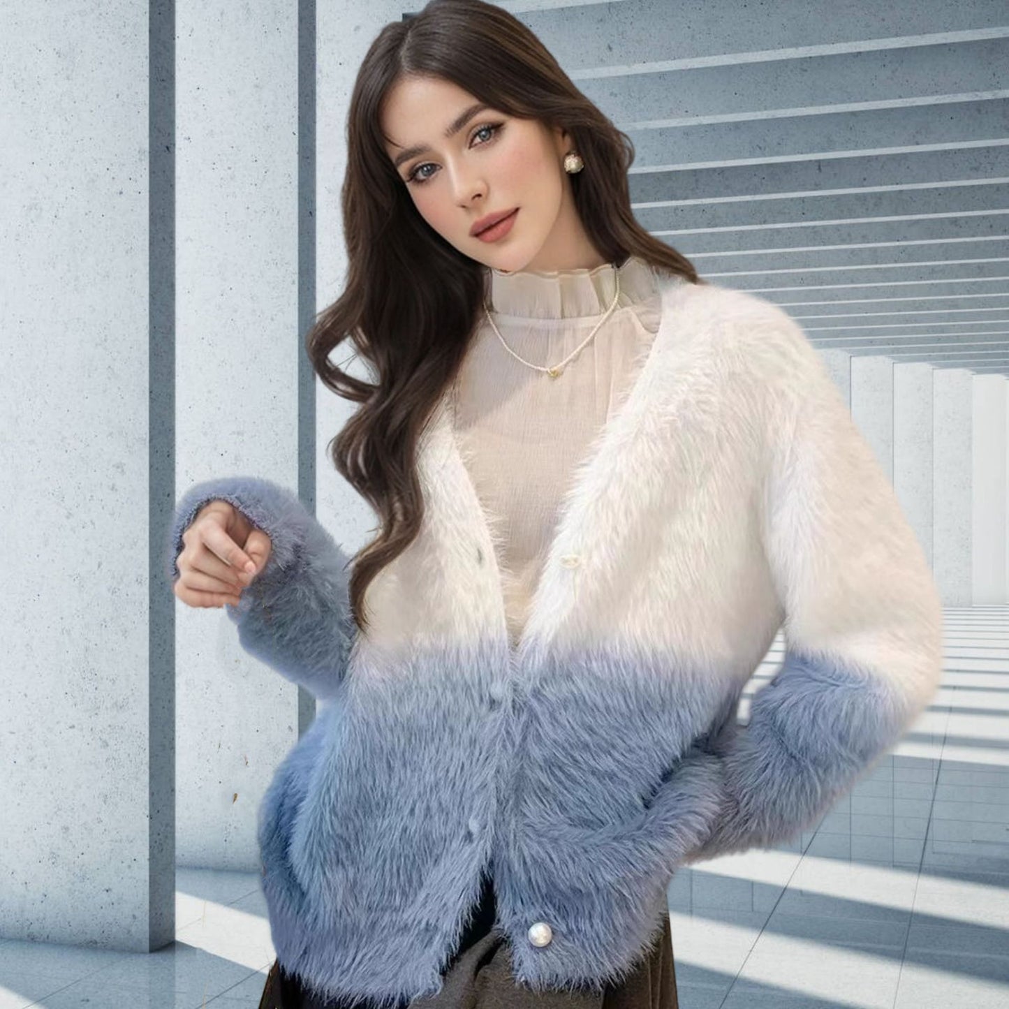 Damen modischer Strickcardigan mit elegantem Kunstfell und Knopfleiste Merchesia