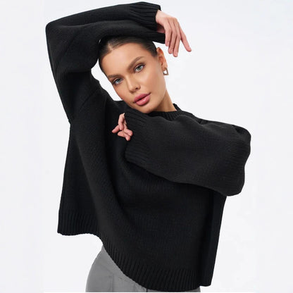 Damen gemütlicher Cropped-Pullover mit lässigen Ballonärmel und Rippstruktur Merchesia