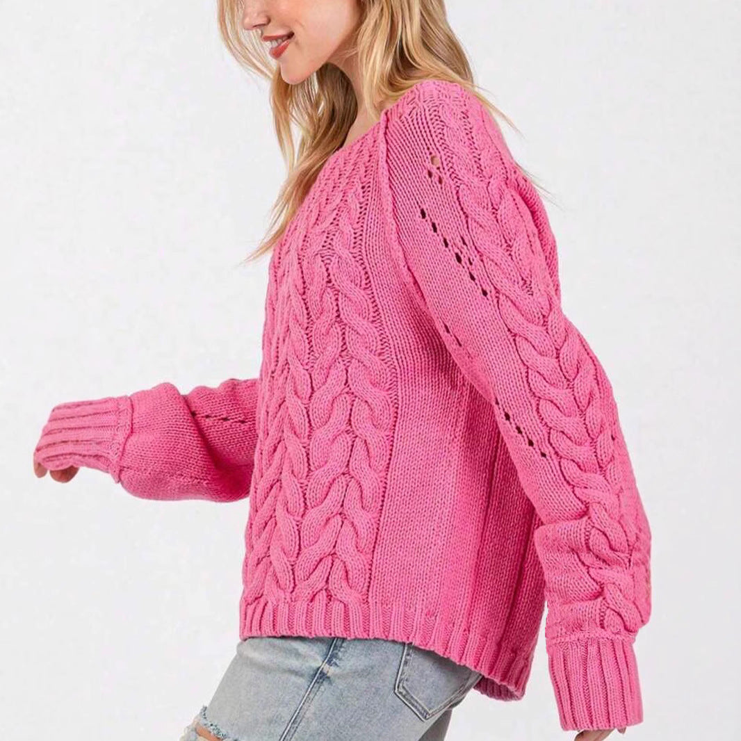 Damen Grobstrickpullover mit voluminösen Ärmeln und feinem Lochmuster Merchesia