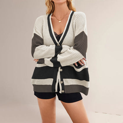 Damen lässige Strickjacke mit tiefem V-Ausschnitt und Taschen Merchesia