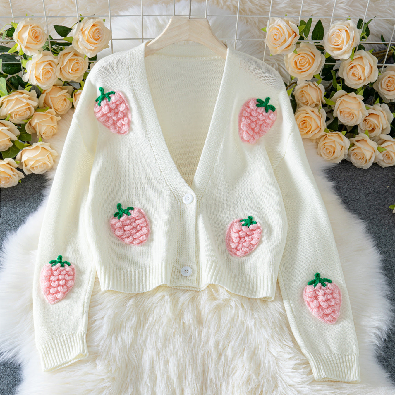 Damen lässige Strickjacke mit fruchtigen Applikationen und offenen Ärmeln Merchesia