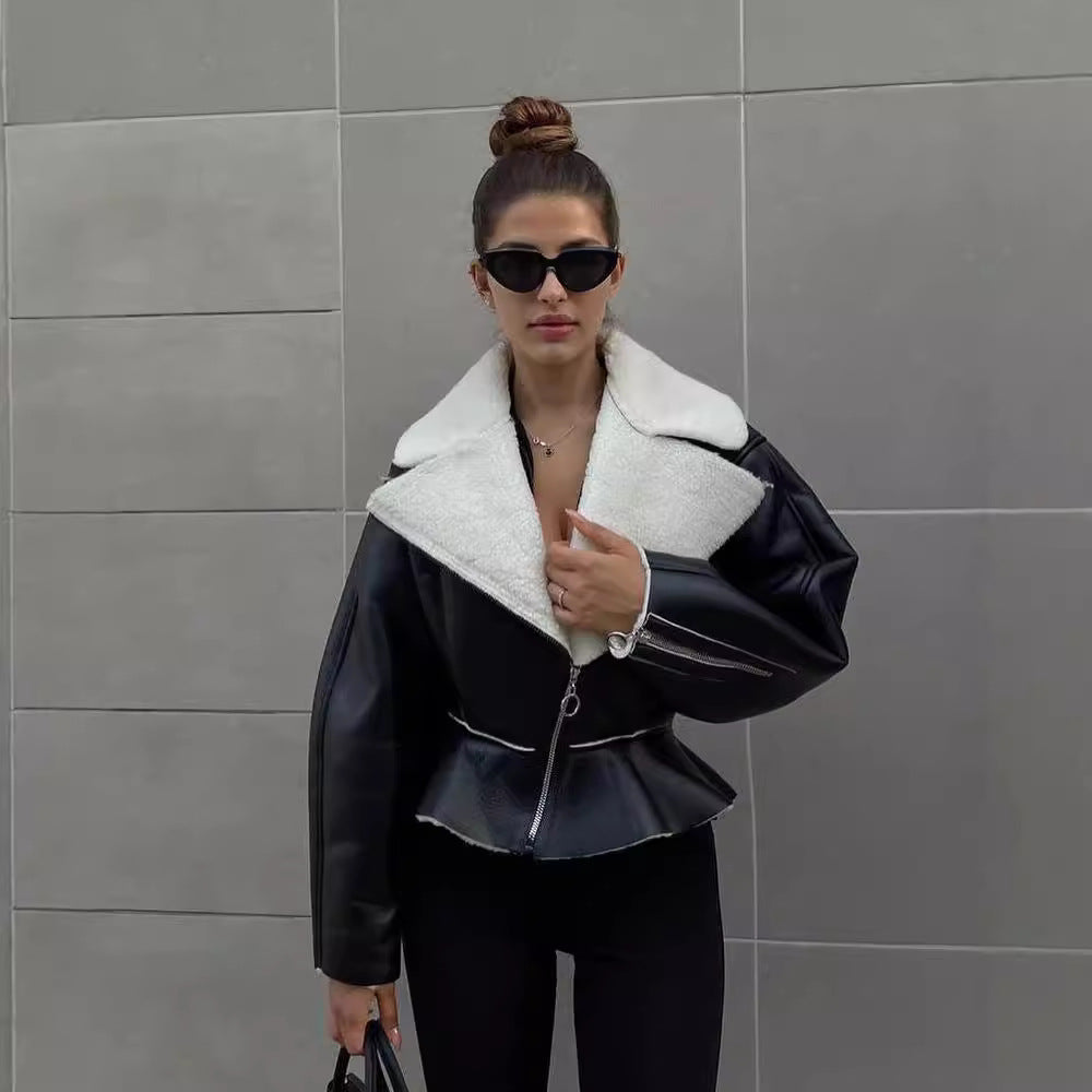 Damen trendige Kurzjacke mit flauschigem Innenfutter und Reißverschluss Merchesia