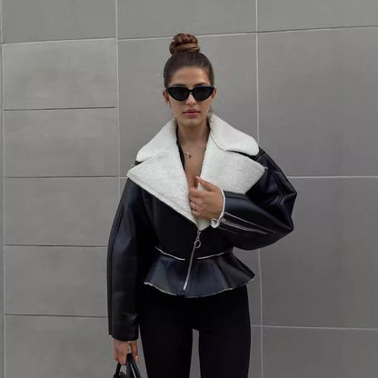 Damen trendige Kurzjacke mit flauschigem Innenfutter und Reißverschluss Merchesia