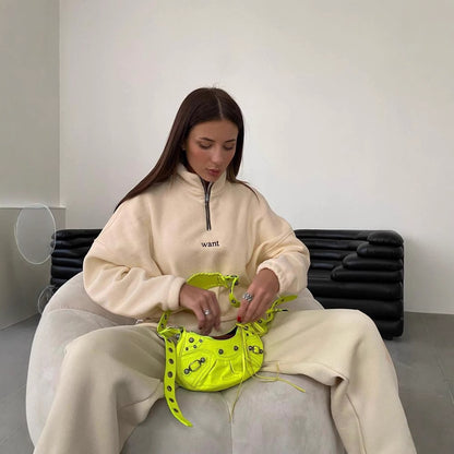 Damen modischer Fleece-Pullover mit Halb-Reißverschluss und überschnittenen Schultern Merchesia