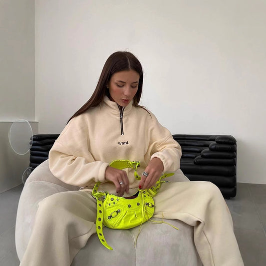 Damen modischer Fleece-Pullover mit Halb-Reißverschluss und überschnittenen Schultern Merchesia