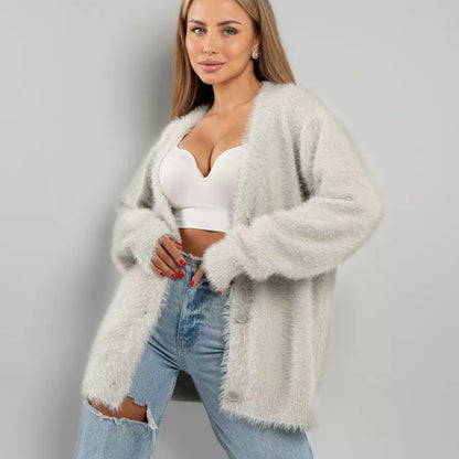 Damen Flauschiger Cardigan mit Knopfverschluss und weitem Schnitt Merchesia