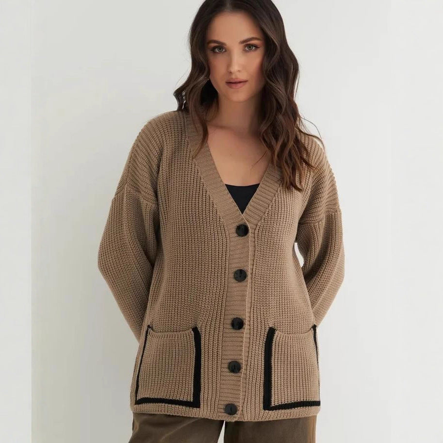 Damen Lässiger Strickcardigan mit tiefem V-Ausschnitt und praktischen Taschen Merchesia