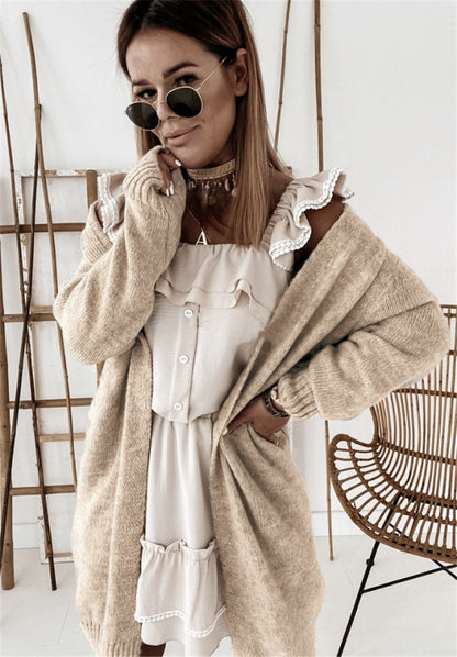 Damen Oversized Strickmantel mit lässigem V-Ausschnitt und luftiger Maschenstruktur Merchesia