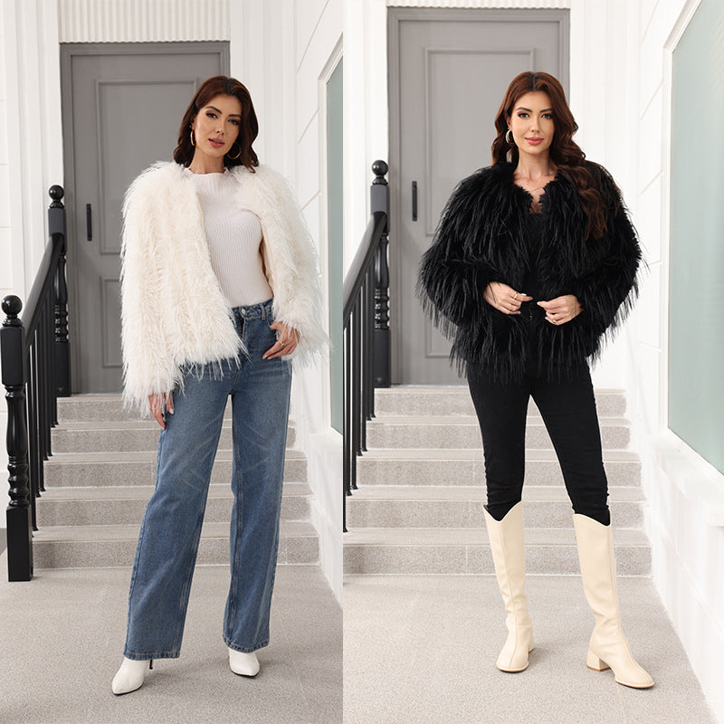 Damen Weicher Kunstfell Kurzjacke mit ausgestellten Ärmeln Merchesia