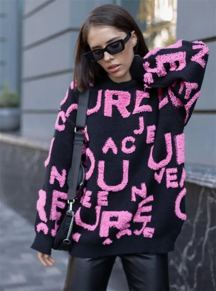 Damen Oversized Strickpullover mit auffälligem Schriftzug und lässiger Passform Merchesia