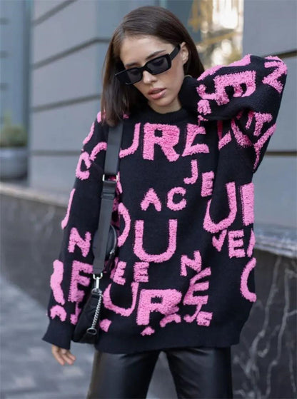 Damen Oversized Strickpullover mit auffälligem Schriftzug und lässiger Passform Merchesia