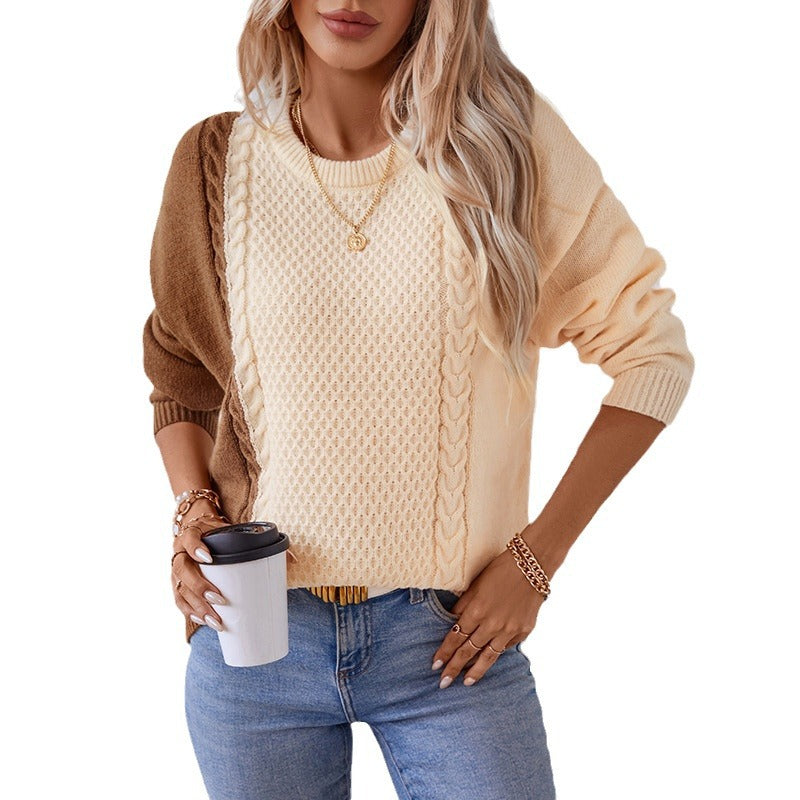 Damen modischer Pullover mit strukturiertem Zopfmuster und innovativem Farbblockdesign Merchesia