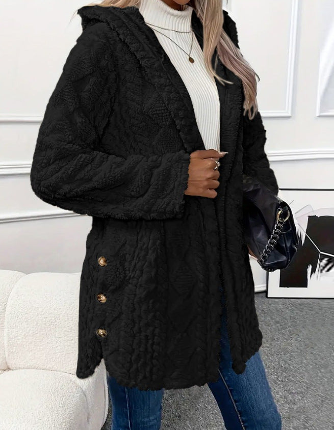 Damen Kuschelige Jacke mit Kapuze und Knopfdetails Merchesia