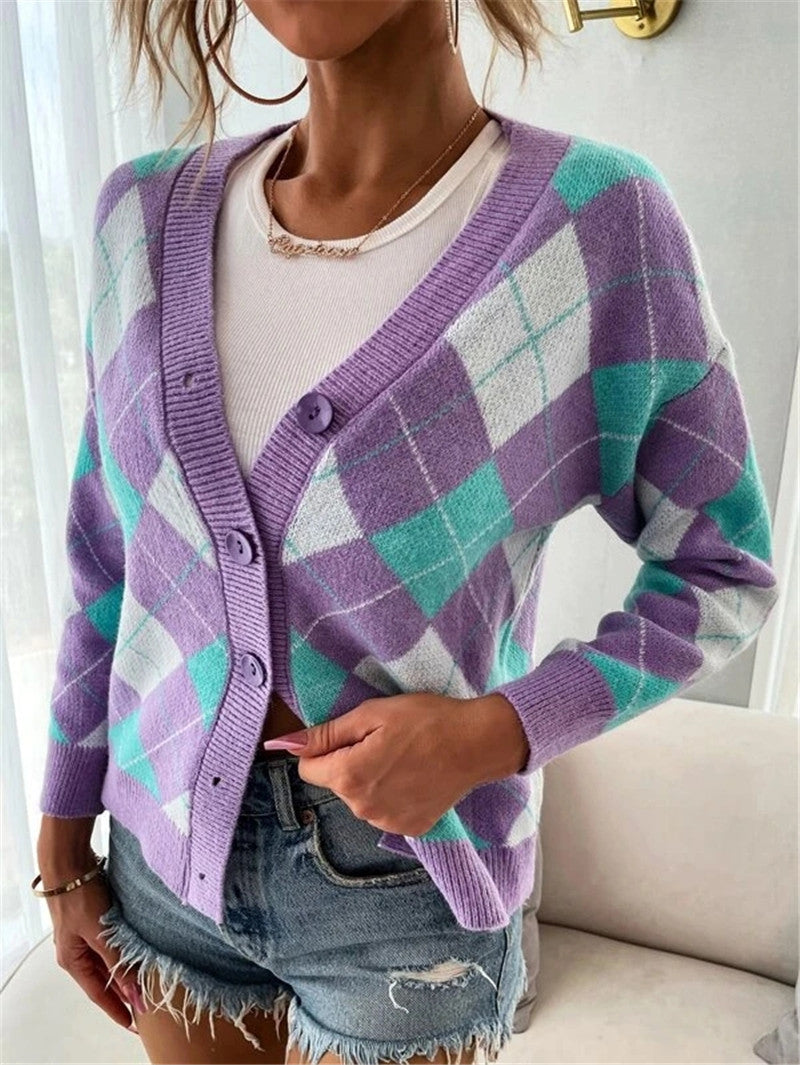 Damen Karierte Strickjacke mit Knöpfen und V-Ausschnitt Merchesia