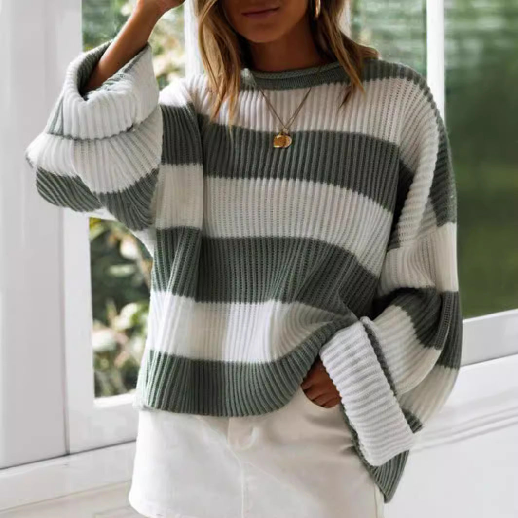 Damen gestreifter Strickpullover mit weitem Schnitt Merchesia