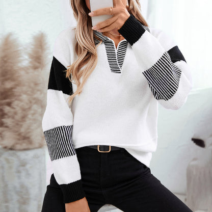 Damen modischer Pullover mit Polo-Kragen und kontrastierenden Streifen Merchesia