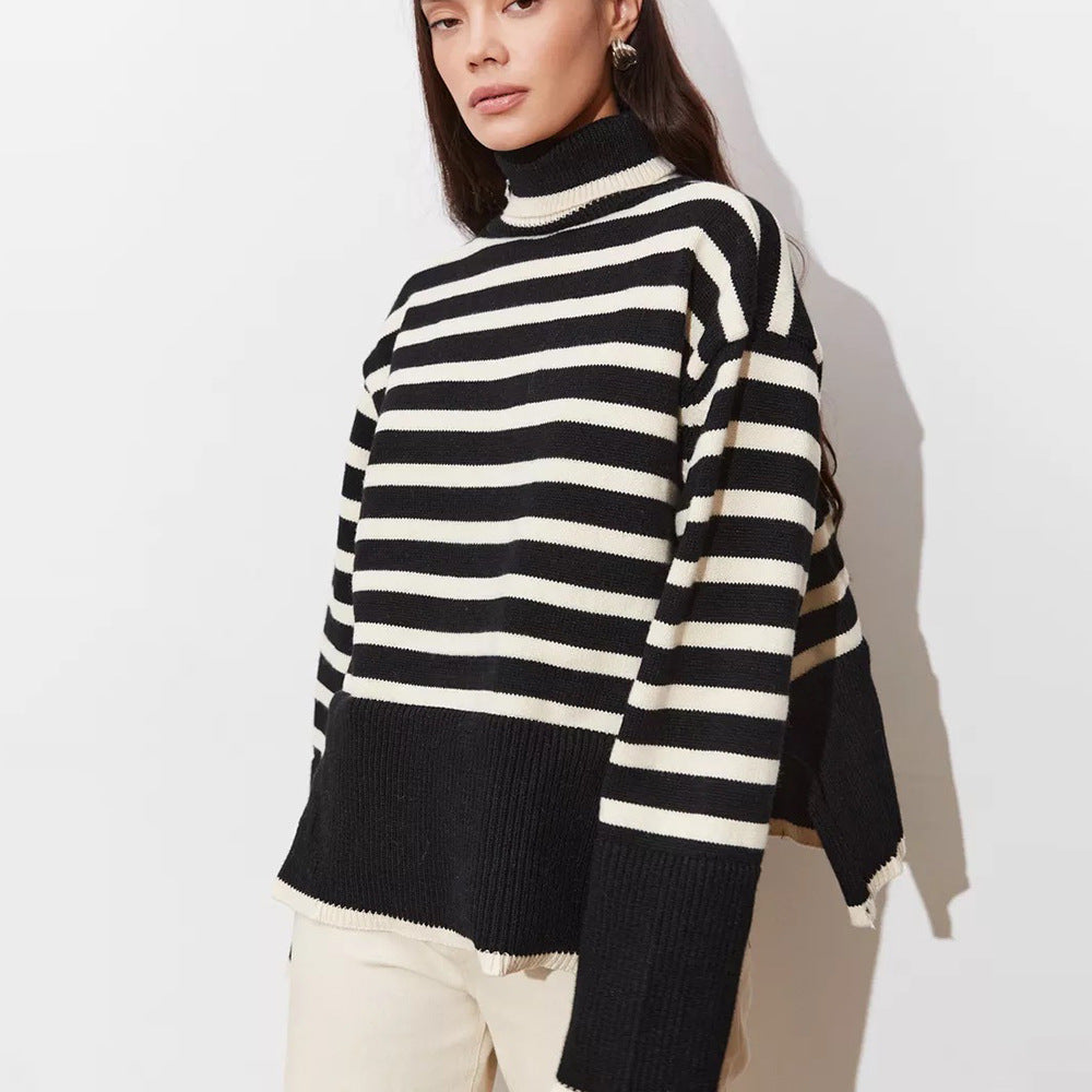 Damen Gemütlicher Rollkragenpullover mit klassischen Streifen und modischen Details Merchesia