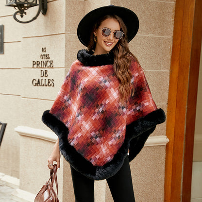 Damen modischer Poncho mit luxuriösem Kunstpelzkragen Merchesia