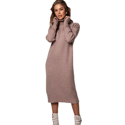 Damen Lange Strickkleid mit rollierendem Kragen und lässigem Schnitt Merchesia