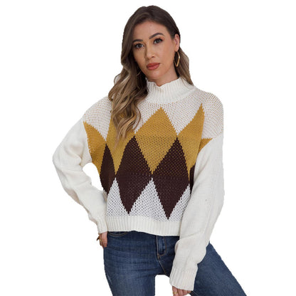 Damen modischer Strickpullover mit geometrischem Muster und hohem Kragen Merchesia