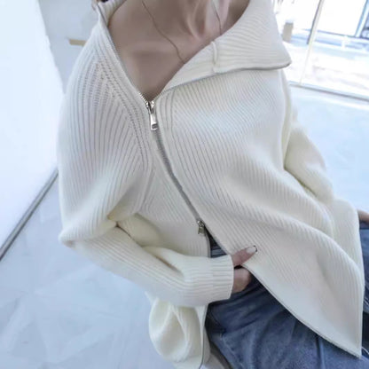 Damen lässiger Strickpullover mit asymmetrischem Reißverschluss und großem Kragen Merchesia