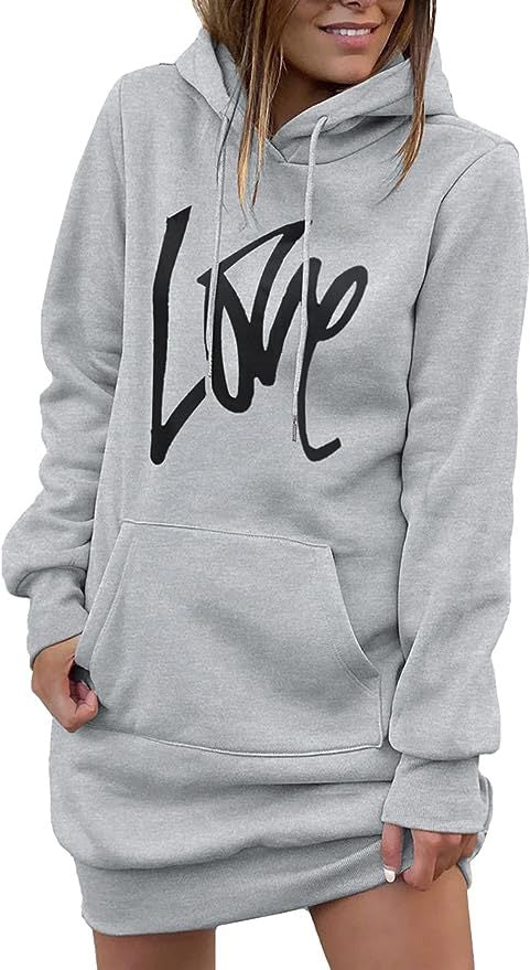 Damen Hoodie-Kleid mit Kängurutasche und auffälligem Schriftzug Merchesia