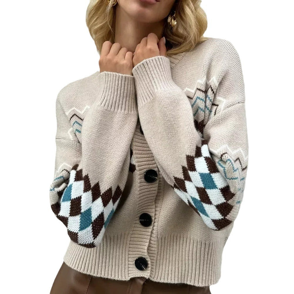 Damen Modischer Strickcardigan mit einzigartigem Karomuster und Knopfdetails Merchesia