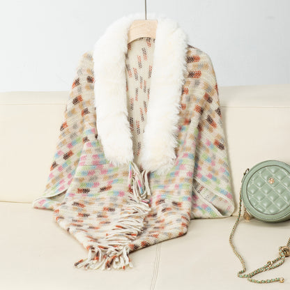 Damen eleganter Poncho mit luxuriösem Kunstfellkragen und Fransen Merchesia