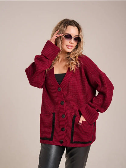 Damen gemütlicher Strickcardigan mit großen Taschen und dekorativen Knopfdetails Merchesia