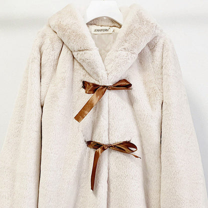 Damen Kuschelige Kunstpelzjacke mit Kapuze und Schleifendetails Merchesia