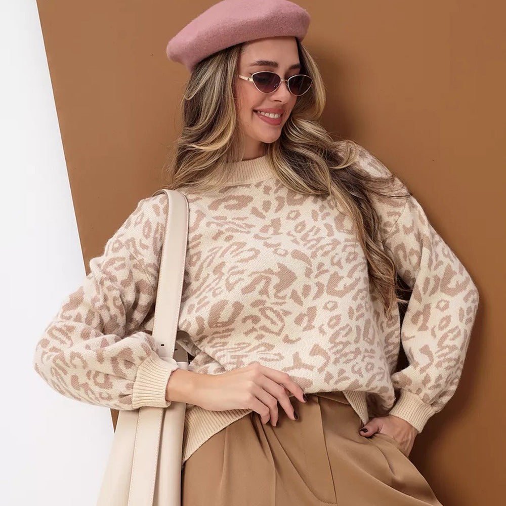 Damen komfortabler Strickpullover mit modernem Leo-Muster und gerippten Abschlüssen Merchesia