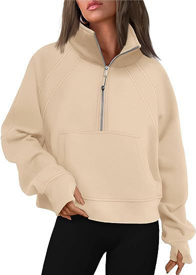 Damen kuscheliger Half-Zip Pullover mit Kapuze und Kängurutasche Merchesia