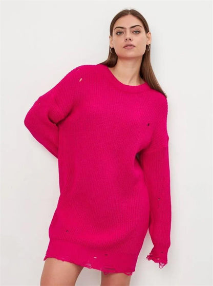 Damen Oversized Strickpullover mit einzigartigem Lochmuster und Rippenstruktur Merchesia