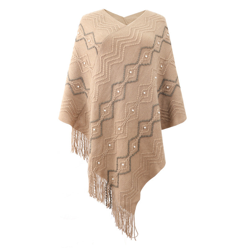 Damen eleganter Poncho mit auffälligem Strukturmuster und dekorativen Fransen Merchesia