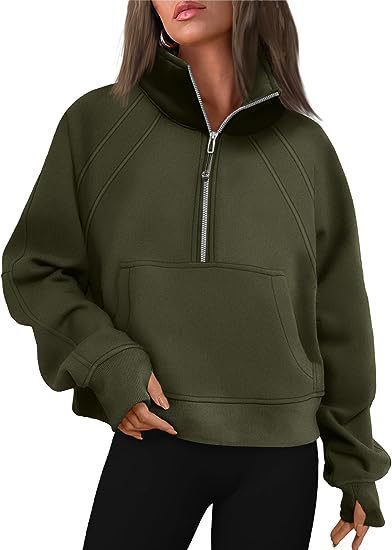Damen kuscheliger Half-Zip Pullover mit Kapuze und Kängurutasche Merchesia