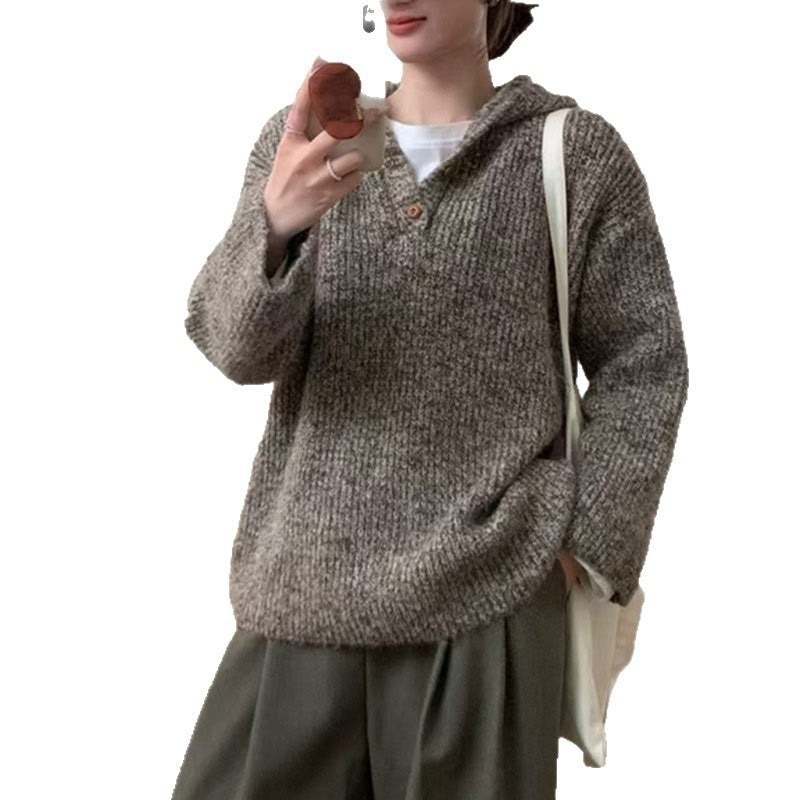 Damen bequemer Strickpullover mit Knopfleiste und Kapuze Merchesia