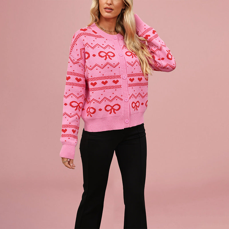 Damen Strickjacke mit verspieltem Herz- und Schleifenmuster Merchesia