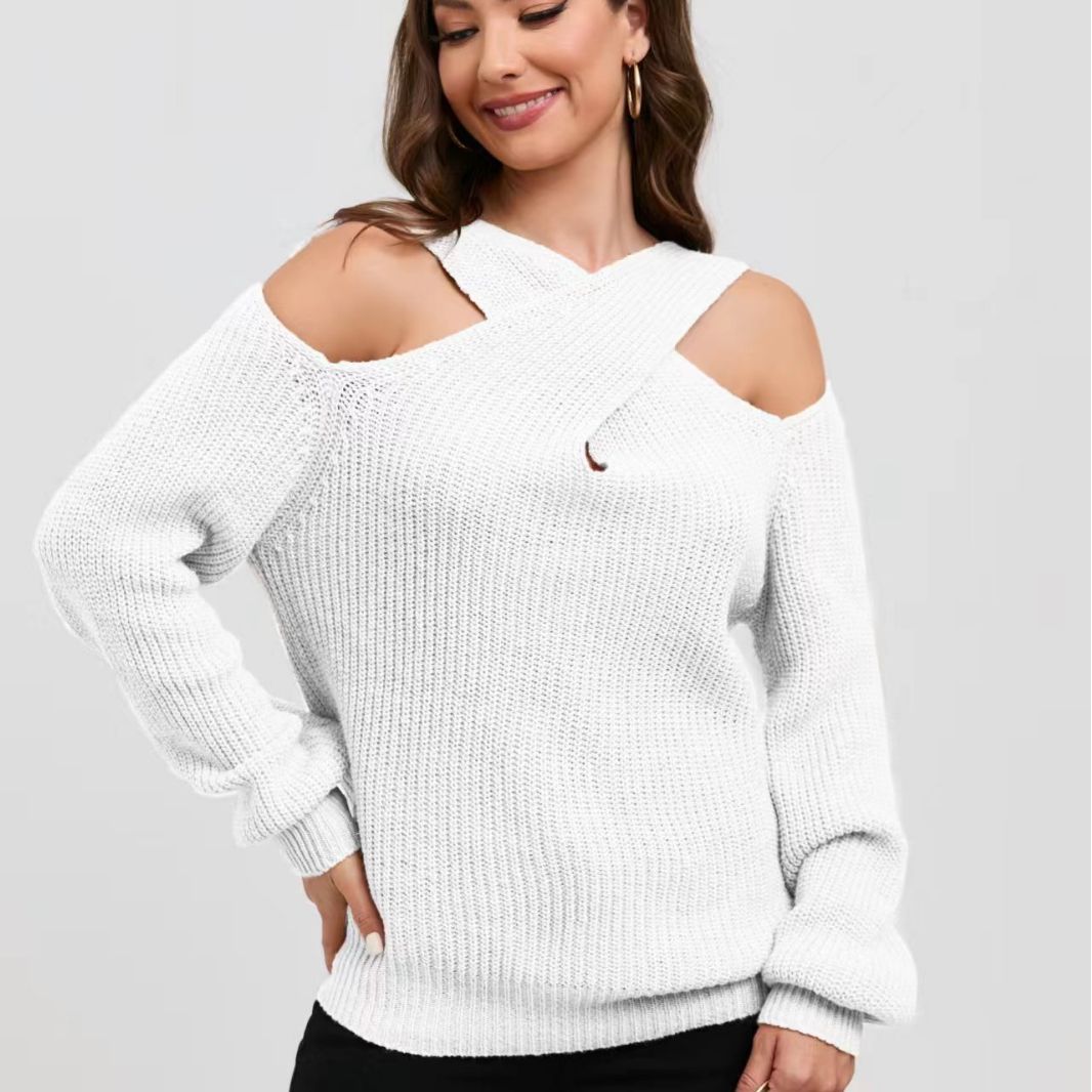 Damen Off-Shoulder Strickpullover mit asymmetrischem Design Merchesia