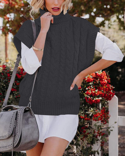 Damen elegante Strickweste mit Stehkragen und Zopfmuster Merchesia