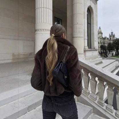 Damen Flauschige Kunstfelljacke mit elegantem Kragen und offenem Schnitt Merchesia