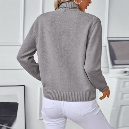 Damen modischer Strickpullover mit hochschließendem Kragen und V-Design Merchesia