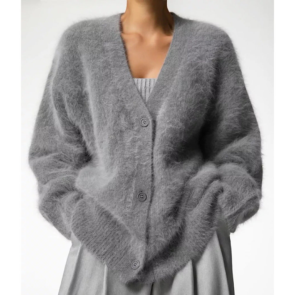 Damen Flauschiger Cardigan mit Knopfverschluss und weitem Schnitt Merchesia