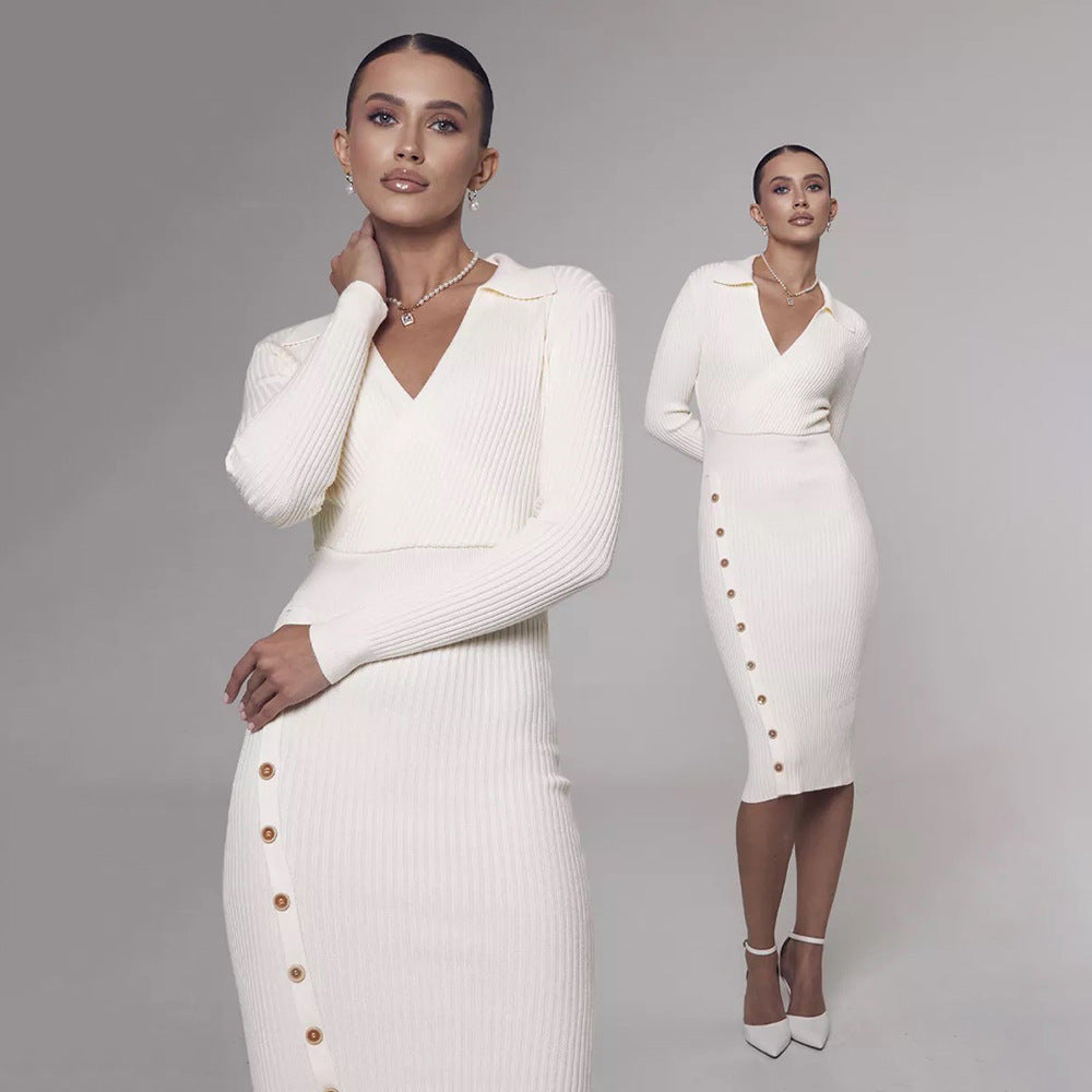 Damen Strickkleid mit elegantem V-Ausschnitt und Knopfdetails Merchesia