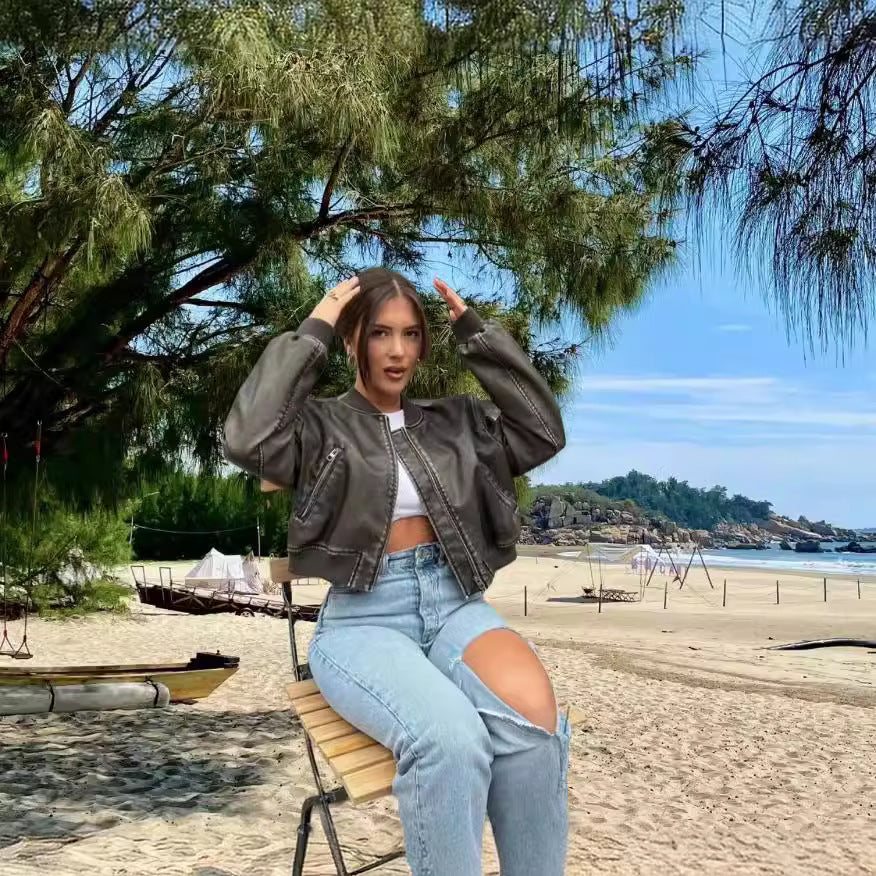 Damen hochwertige und stilvolle Kunstlederjacke Merchesia