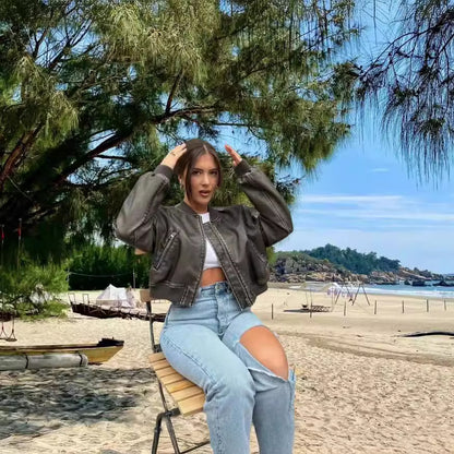 Damen hochwertige und stilvolle Kunstlederjacke Merchesia